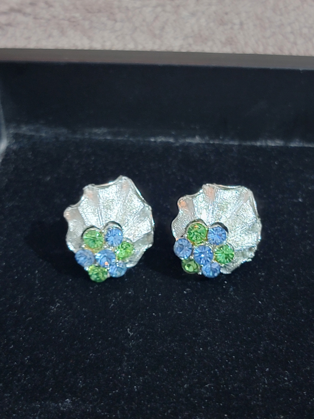 CORO Silver Floral Shell Stud Earrings with Blue and Green